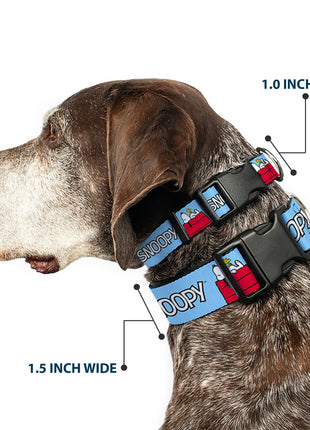 Plastic Clip Collar - Peanuts Snoopy and Woodstock Dog House Pose and Text Sky Blue
