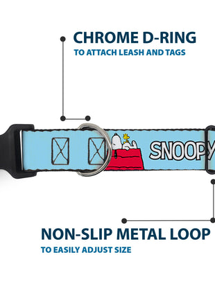 Plastic Clip Collar - Peanuts Snoopy and Woodstock Dog House Pose and Text Sky Blue