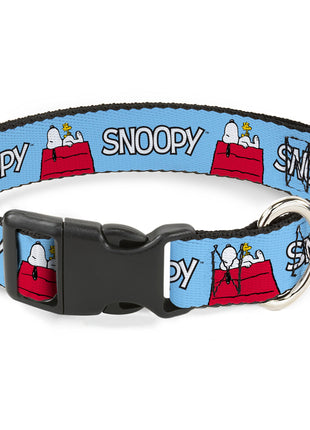Plastic Clip Collar - Peanuts Snoopy and Woodstock Dog House Pose and Text Sky Blue
