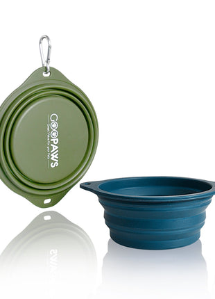 GOOPAWS 2 Pack Silicone Non-Skid Travel Dog and Cat Bowl, Blue&Green