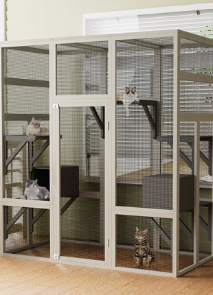 Large Outdoor Gray Wooden Catio – Solid Wood Cat Enclosure with 5 Platforms & 2 Resting Boxes, UV-Resistant & Waterproof Outdoor Cat House Shelter Playpen
