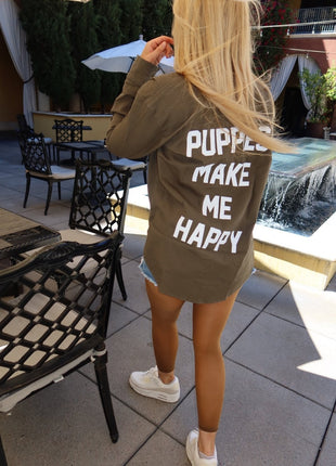 Puppies Make Me Happy Military Button Up | Present For Dog Lover