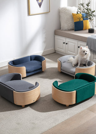 Scandinavian style Elevated Dog Bed Pet Sofa With Solid Wood legs and Bent Wood Back, Velvet Cushion,Small Size