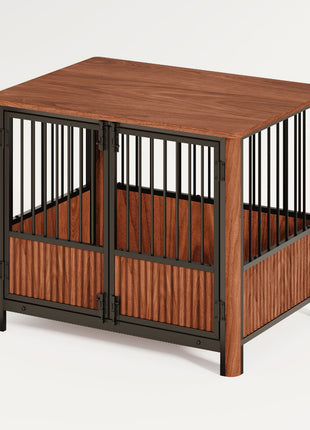 31.5'' Walnut Fluted Wood Furniture Style Dog Crate for small & Medium Dogs - Double Door Design, Decorative Pet House & Indoor Side End Table.