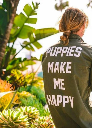 Puppies Make Me Happy Military Button Up | Present For Dog Lover