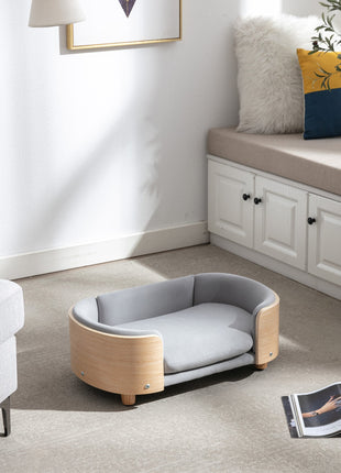 Scandinavian style Elevated Dog Bed Pet Sofa With Solid Wood legs and Bent Wood Back, Velvet Cushion,Small Size