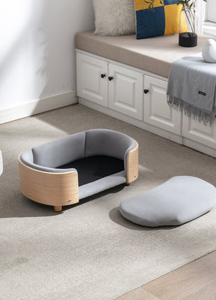 Scandinavian style Elevated Dog Bed Pet Sofa With Solid Wood legs and Bent Wood Back, Velvet Cushion,Small Size
