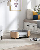 Scandinavian style Elevated Dog Bed Pet Sofa With Solid Wood legs and Bent Wood Back, Velvet Cushion,Small Size