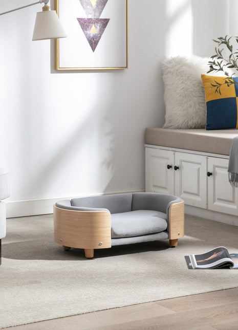 Scandinavian style Elevated Dog Bed Pet Sofa With Solid Wood legs and Bent Wood Back, Velvet Cushion,Small Size