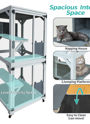 30.7'  Wooden Catio Outdoor Cat Enclosure, Luxury Cat House on Wheels with Napping House, 4 Platforms & Weatherproof Asphalt Roof, Large Kitty Cat Condo Cage Shelter Playpen with Sliding Doors