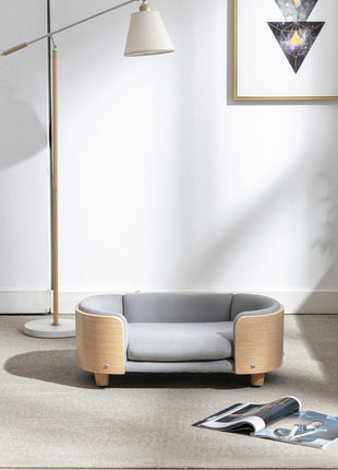 Scandinavian style Elevated Dog Bed Pet Sofa With Solid Wood legs and Bent Wood Back, Velvet Cushion,Small Size