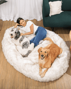 PupCloud™ Human-Size Faux Fur Memory Foam Dog Bed - White with Brown Accents