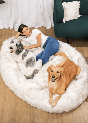 PupCloud™ Human-Size Faux Fur Memory Foam Dog Bed - White with Brown Accents