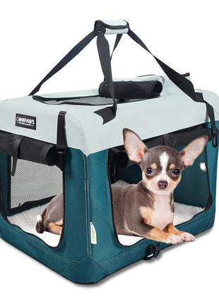 JESPET Soft Dog Crates Kennel 3 Door Soft Sided Folding Travel Carrier & Fleece Mat for Small Dogs Shale Green, 24''
