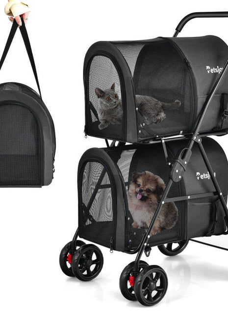 4-in-1 Double Pet Stroller with Detachable Carrier and Travel Carriage