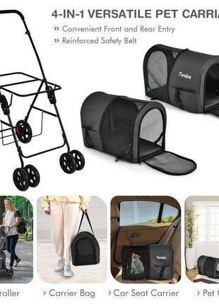 4-in-1 Double Pet Stroller with Detachable Carrier and Travel Carriage