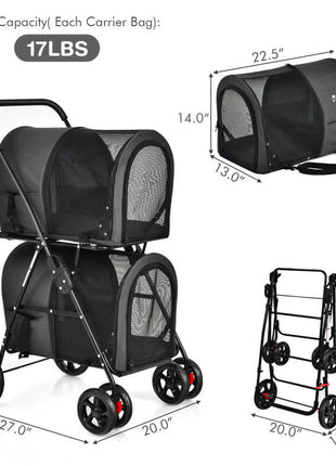 4-in-1 Double Pet Stroller with Detachable Carrier and Travel Carriage