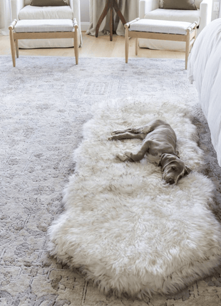 PupRug® Runner Faux Fur Memory Foam Dog Bed - Curve White with Brown Accents