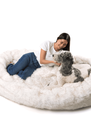PupCloud™ Human-Size Faux Fur Memory Foam Dog Bed - White with Brown Accents