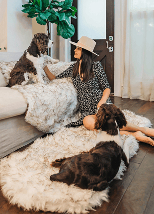 PupRug® Runner Faux Fur Memory Foam Dog Bed - Curve White with Brown Accents