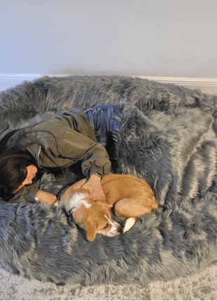 PupCloud™ Human-Size Faux Fur Memory Foam Dog Bed - Charcoal Grey