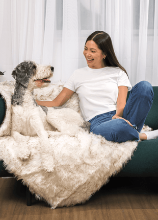 PupCloud™ Human-Size Dog Bed + Matching Waterproof Blanket Bundle - White with Brown Accents