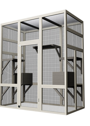 Large Outdoor Gray Wooden Catio – Solid Wood Cat Enclosure with 5 Platforms & 2 Resting Boxes, UV-Resistant & Waterproof Outdoor Cat House Shelter Playpen