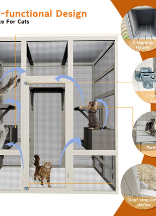 Large Outdoor Gray Wooden Catio – Solid Wood Cat Enclosure with 5 Platforms & 2 Resting Boxes, UV-Resistant & Waterproof Outdoor Cat House Shelter Playpen