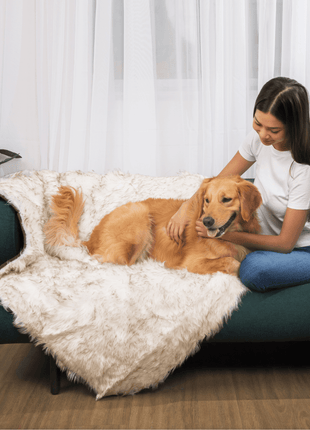 PupCloud™ Human-Size Dog Bed + Matching Waterproof Blanket Bundle - White with Brown Accents