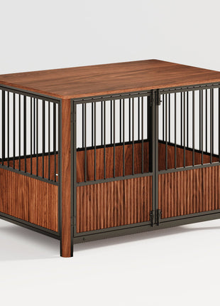 43'' Walnut Fluted Wood Furniture Style Dog Crate for Large & Medium Dogs - Double Door Design, Decorative Pet House & Indoor Side End Table.