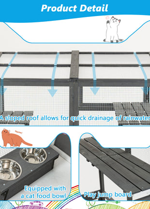 Outdoor Wooden Cat Catio - Large Solid Wood Cat Cage Playpen with 2 Jumping Platforms & 7 Napping Houses, Walk-in Cat Kennel Condo Shelter, Grey