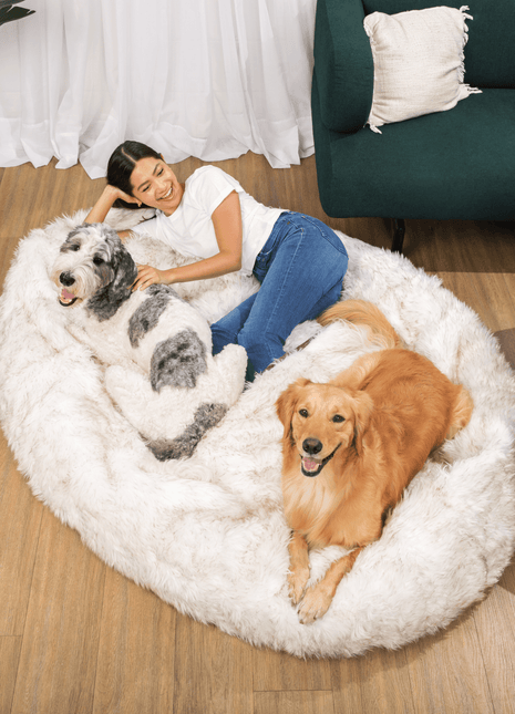 PupCloud™ Human-Size Faux Fur Memory Foam Dog Bed - White with Brown Accents