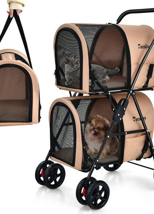 4-in-1 Double Pet Stroller with Detachable Carrier and Travel Carriage