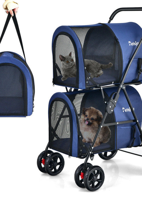 4-in-1 Double Pet Stroller with Detachable Carrier and Travel Carriage