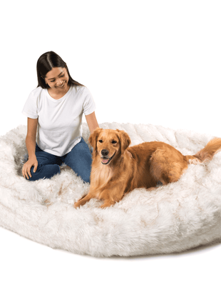 PupCloud™ Human-Size Dog Bed + Matching Waterproof Blanket Bundle - White with Brown Accents