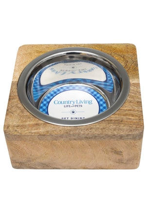 Country Living Elegant Stainless Steel Dog Bowl with Square Mango Wood Holder – 1 Quart