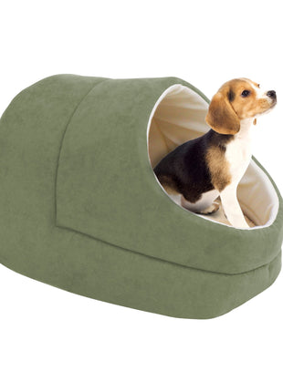 GOOPAWS Cave Covered Cat & Small Dog Warming Burrow Bed, Sage Green