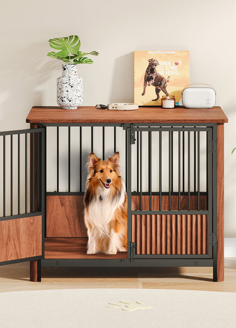 31.5'' Walnut Fluted Wood Furniture Style Dog Crate for small & Medium Dogs - Double Door Design, Decorative Pet House & Indoor Side End Table.