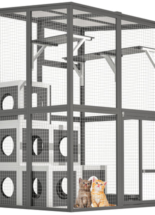 Outdoor Wooden Cat Catio - Large Solid Wood Cat Cage Playpen with 2 Jumping Platforms & 7 Napping Houses, Walk-in Cat Kennel Condo Shelter, Grey