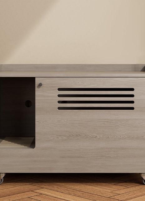 Gray Cat Litter Box Enclosure,Hidden Litter Box Furniture with top side fence,Wooden Pet House Side End Table, Storage Cabinet Bench for Living Room,,Bedroom, Fit Most of Litter Box