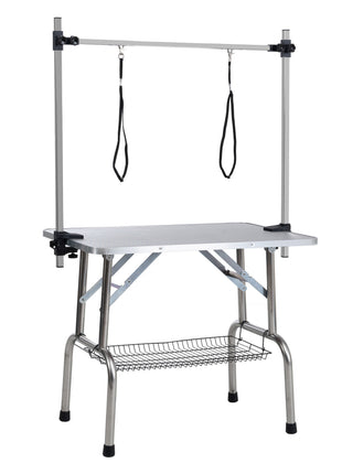 46' Folding Dog Pet Grooming Table Stainless Steel Frame Rubber Mat on Board with Adjustable Arm and Clamps pet dog Cat Grooming Table (SILVER-GRAY COLOR) - Pup List