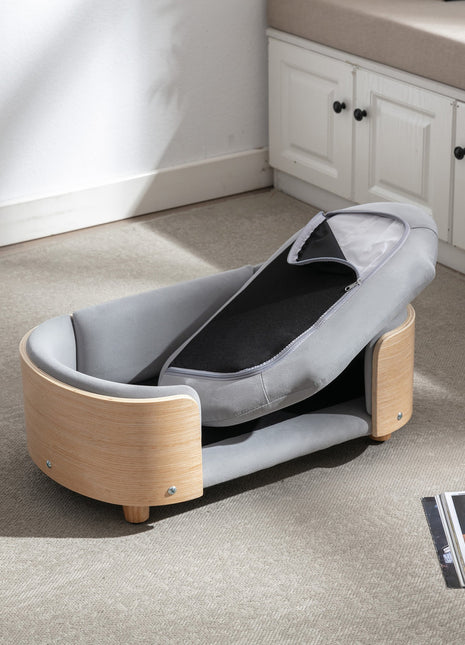 Scandinavian style Elevated Dog Bed Pet Sofa With Solid Wood legs and Bent Wood Back, Velvet Cushion,Small Size