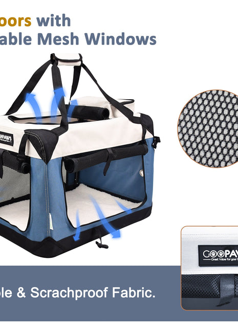 Jespet & GOOPAWS Indoor & Outdoor 3-Door Collapsible Soft-Sided Dog, Cat & Small Pet Crate, Lake Blue, 24''