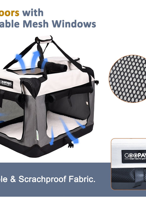 Jespet & GOOPAWS 3-Door Collapsible Soft-Sided Dog Crate, Light Grey, Medium 30''