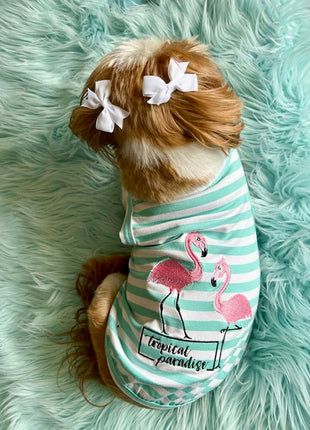 Parisian Pet 'Flamingos'  Dog Shirt – Lightweight & Breathable Summer Outfit for Small Dogs & Cats, Light Blue and White Stripes