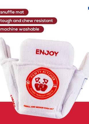 White snuffle mat with red text and logo on a white background