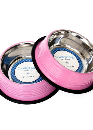 Country Living Set of 2 Ribbed Non-Slip Pet Bowls – Carnation Pink