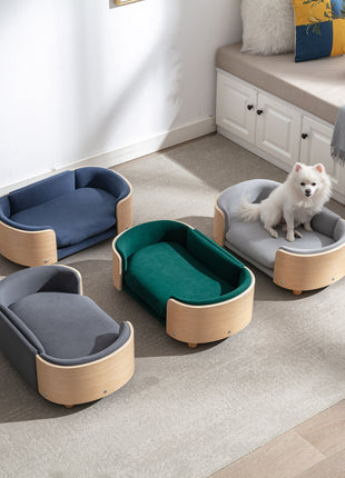 Scandinavian style Elevated Dog Bed Pet Sofa With Solid Wood legs and Bent Wood Back, Velvet Cushion,Small Size