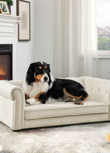 Modern Elegant Rectangle Pet Bed, Durable Elevated Dog Sofa, Beige Foam 40'*23'*14'