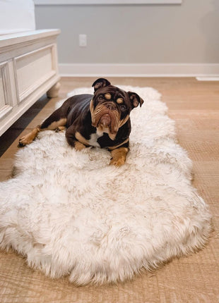 PupRug® Runner Faux Fur Memory Foam Dog Bed - Curve White with Brown Accents